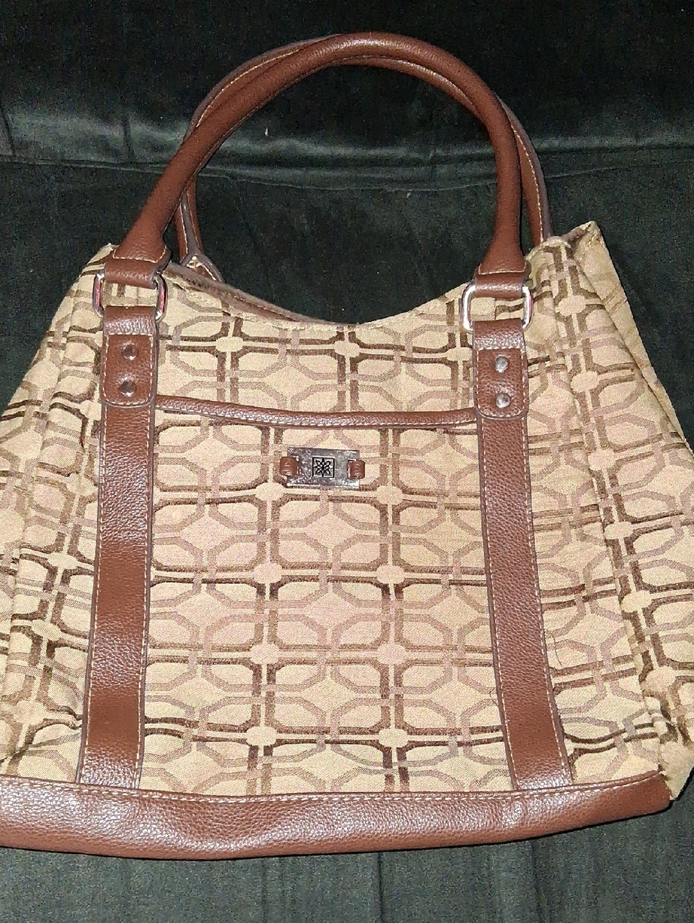 Brown Geometric Tote Bag with Leather Trim